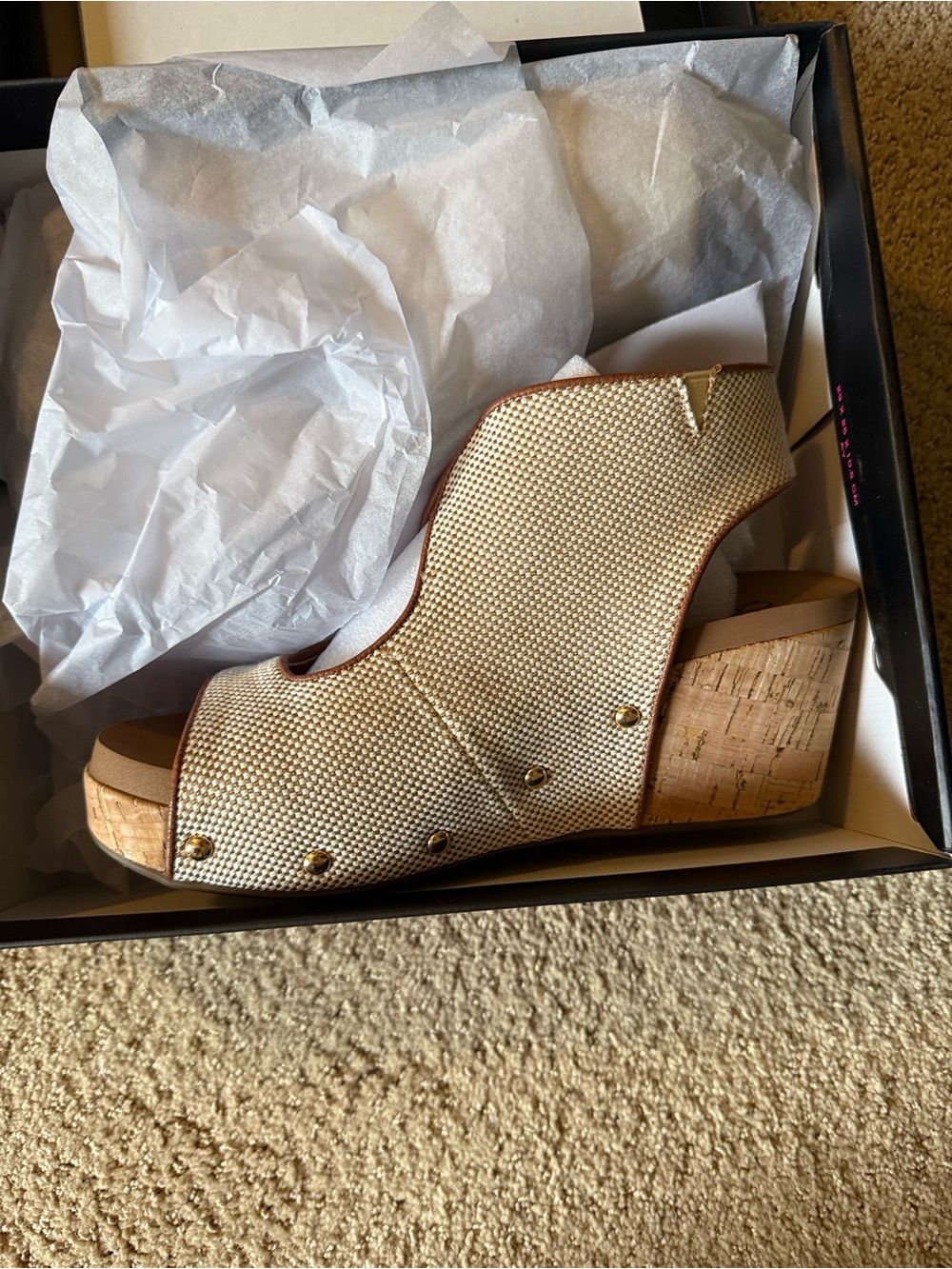 Cream Woven Cork Wedge Sandals with Stud Accents